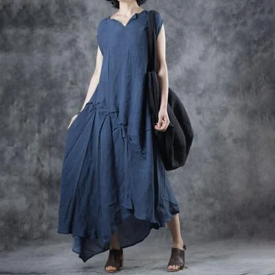 Style Blue dresses Metropolitan Museum Loose Summer Irregular Sleeveless V-Neck Dress