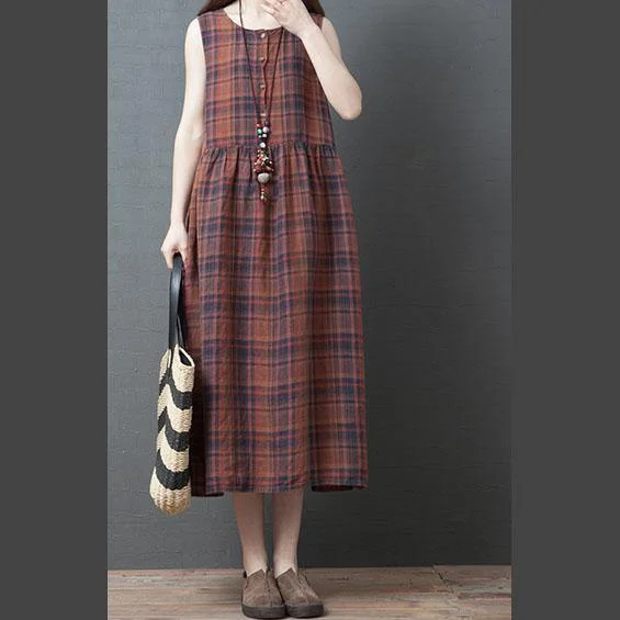 Style o neck  cotton clothes Women design khaki plaid cotton Dress sleeveless summer