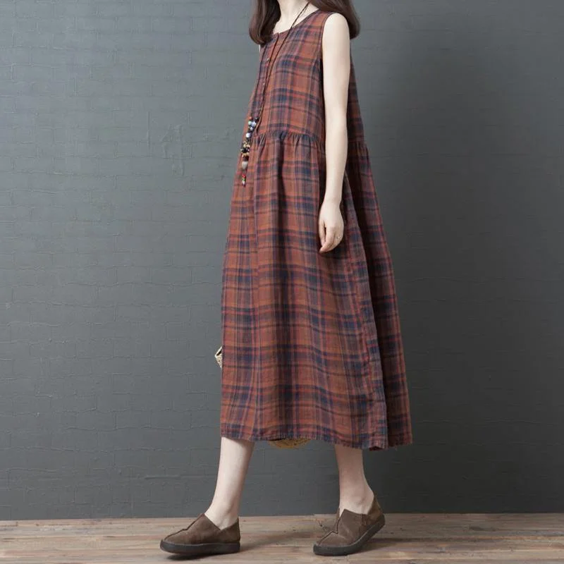 Style o neck  cotton clothes Women design khaki plaid cotton Dress sleeveless summer