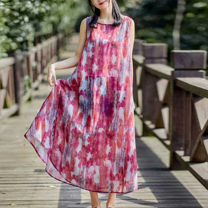 Style o neck sleeveless linen dress Catwalk red print Dresses summer