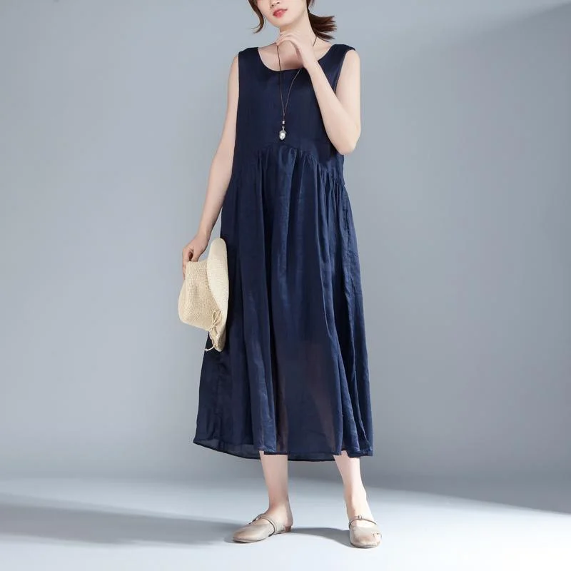 stylish cotton summer dress plus size clothing Women Sleeveless Pleated Lacing Plain Blue Dress