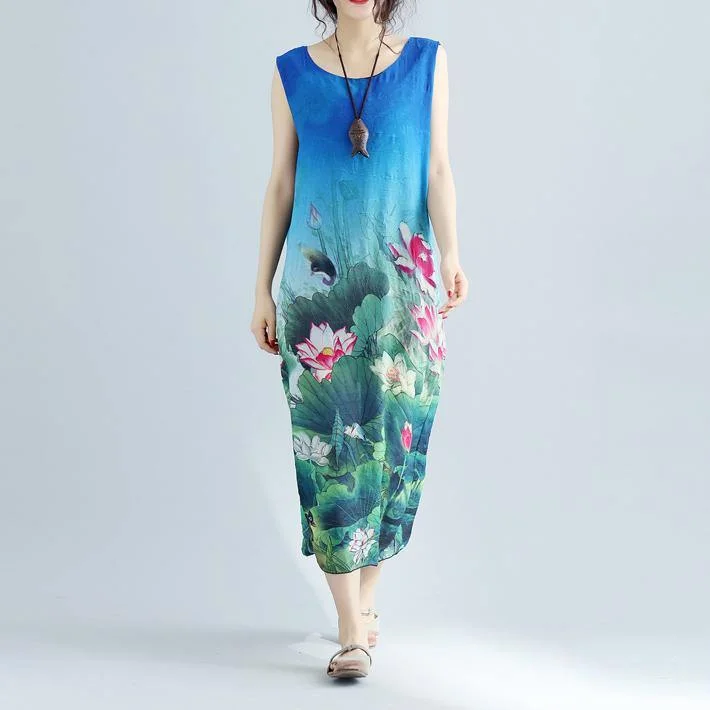 top quality blue floral long cotton dress plussize sleeveless long cotton dresses boutique side open cotton clothing dresses