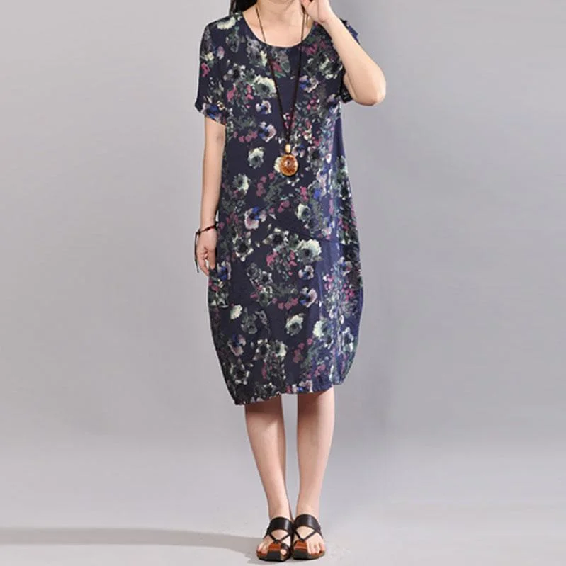 top quality cotton dress oversize Women Summer Short Sleeve Printed Round Neck Dress