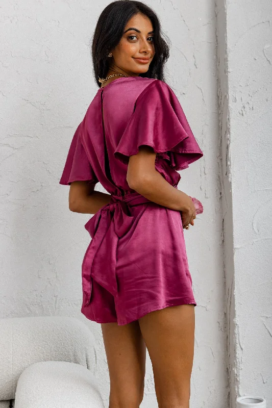 Unconditional Plunging Wrap Style Romper Fuchsia