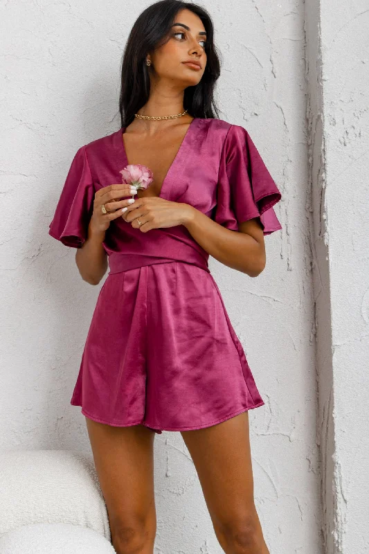 Unconditional Plunging Wrap Style Romper Fuchsia