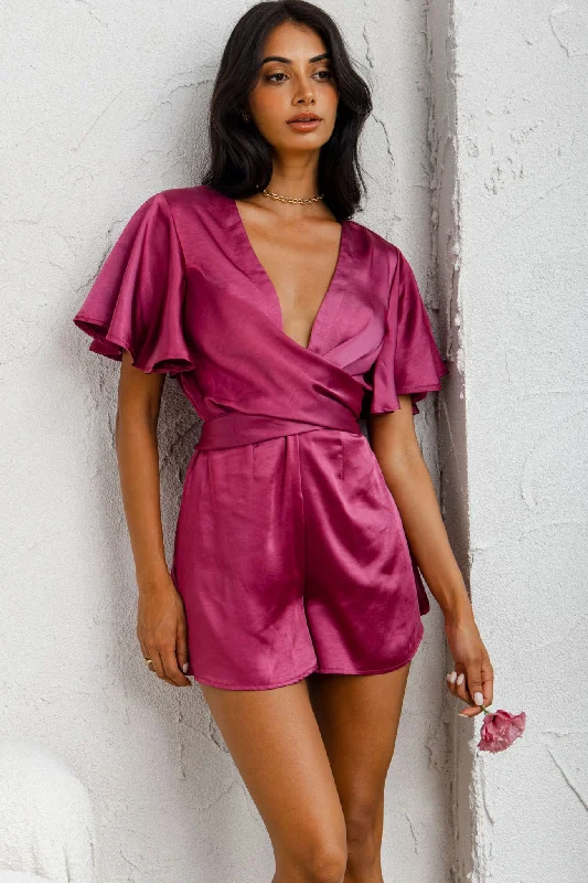 Unconditional Plunging Wrap Style Romper Fuchsia