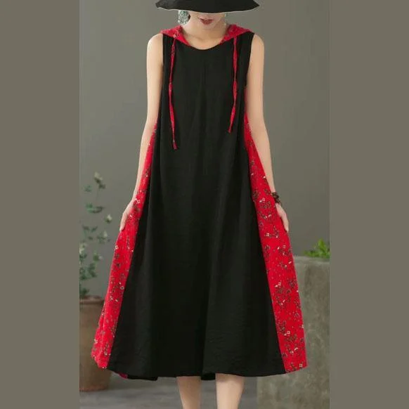 Unique patchwork hooded linen Wardrobes Runway black Dress summer