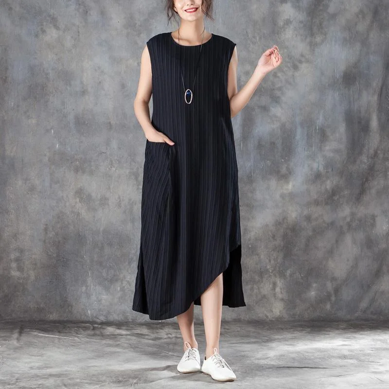 vintage cotton shift dresses trendy plus size Women Round Neck Sleeveless Jacquard Black Dress