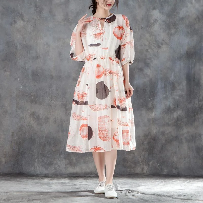 vintage long silk linen dresses plus size Women Summer Half Sleeve Printed Pleated Dress