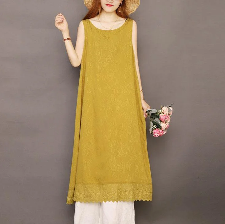 Vivid sleeveless Jacquard linen clothes For Women Work yellow Dresses summer