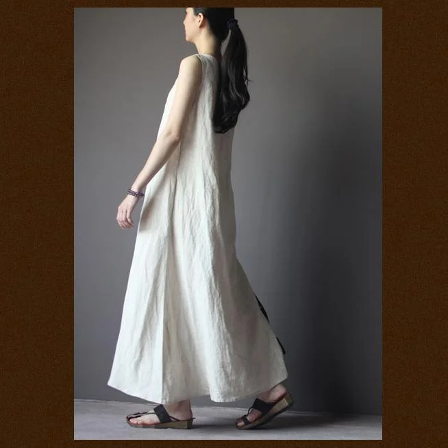 White linen sundress A line maxi dresses summer linen clothing