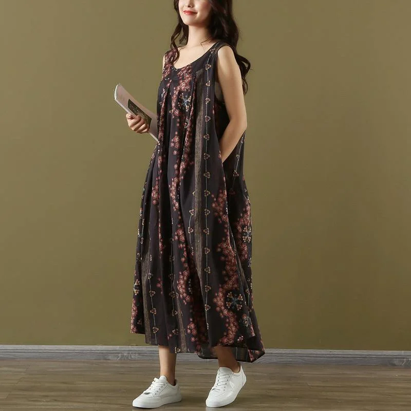 Women dark gray floral linen clothes For Women Sleeveless robes summer Dresses