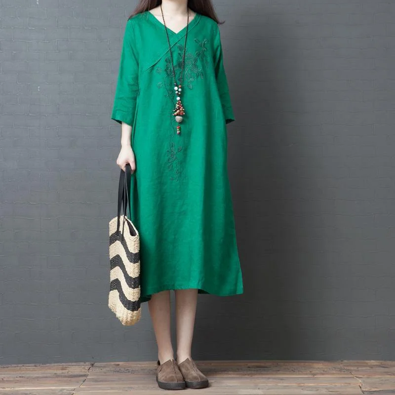 Women embroidery cotton tunic dress Sleeve green cotton Dress summer