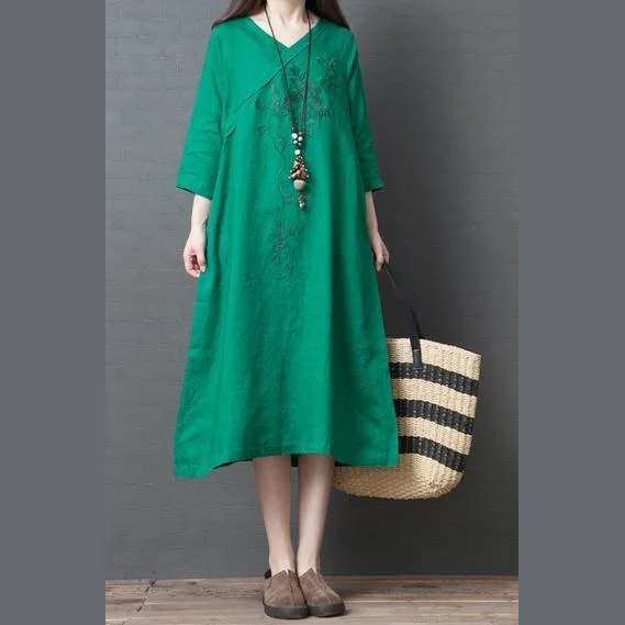 Women embroidery cotton tunic dress Sleeve green cotton Dress summer