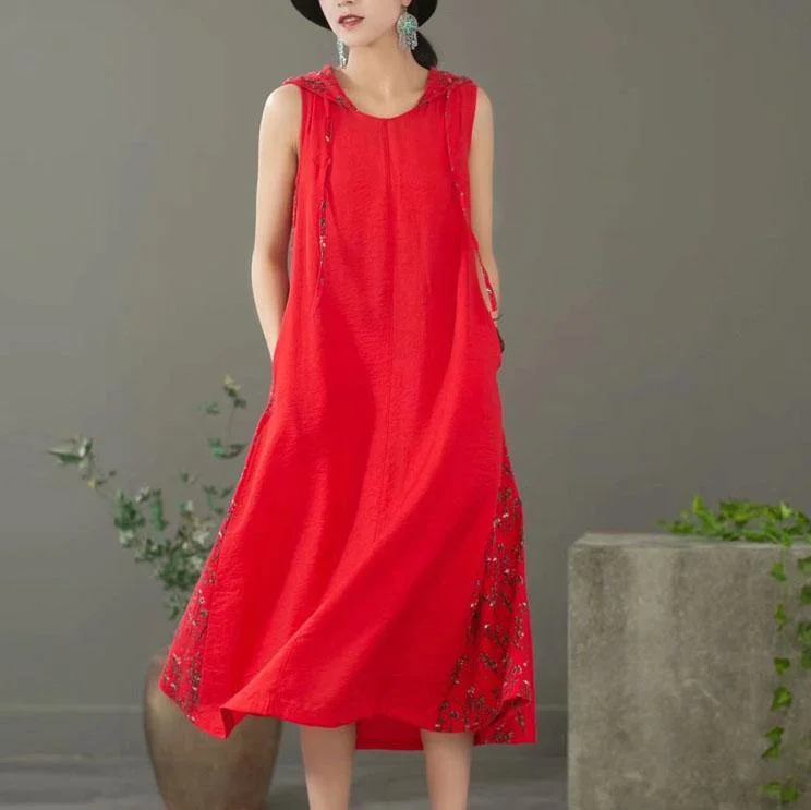 Women red linen clothes patchwork hooded Art summer Dresses