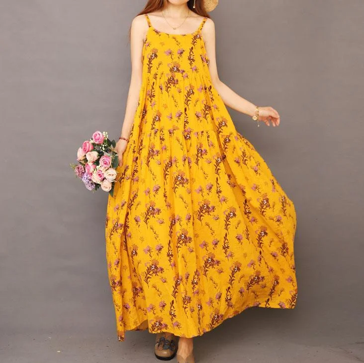 Women Spaghetti Strap Patchwork Cotton Linen Dresses Fashion Yellow Print Dress Summer ( Limited Stock)