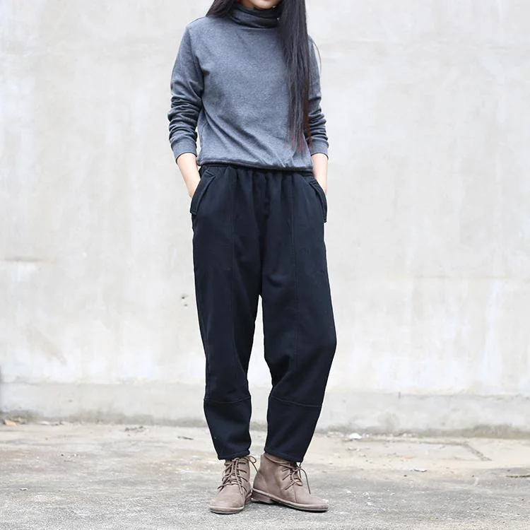 autumn new black linen thick pants plus size patchwork trousers