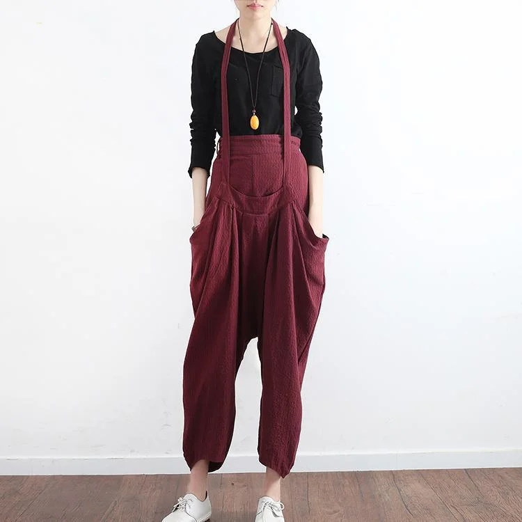 autumn new original loose printed patch two ways to wear cotton linen wide legs Harlan suspender strap casual pants