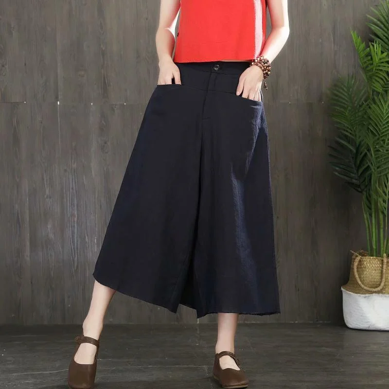 black big pockets linen pant women casual wide leg pants