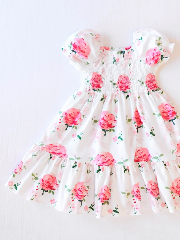 Puff Sleeve Dress - Pink Rose Bouquet