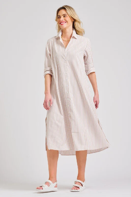 The Luna Oversized Long Shirtdress - Stone/White Stripe