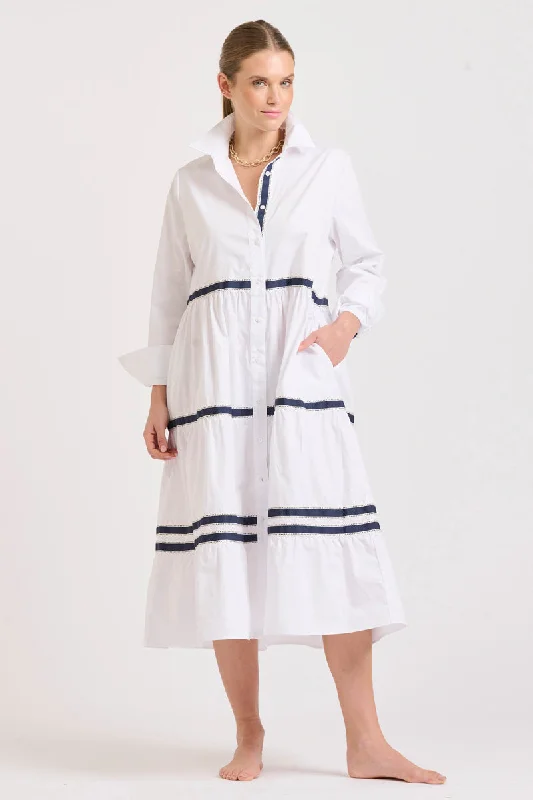 The Amanda Tiered Dress - White/Navy Trim