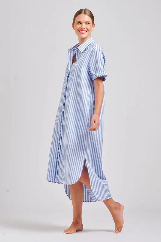 The Annie Relaxed Longline  Shirtdress - Pale Blue Stripe