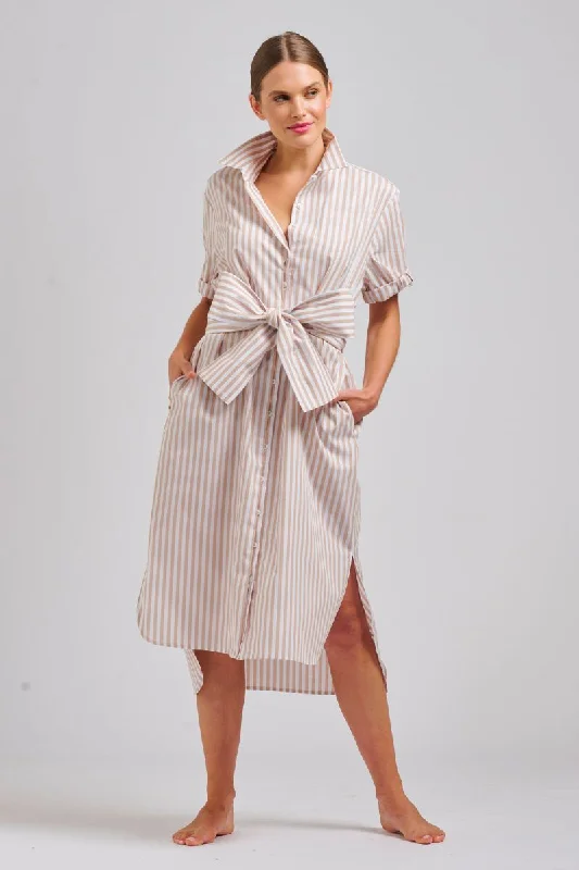 The Annie Relaxed Longline  Shirtdress - Stone White Stripe