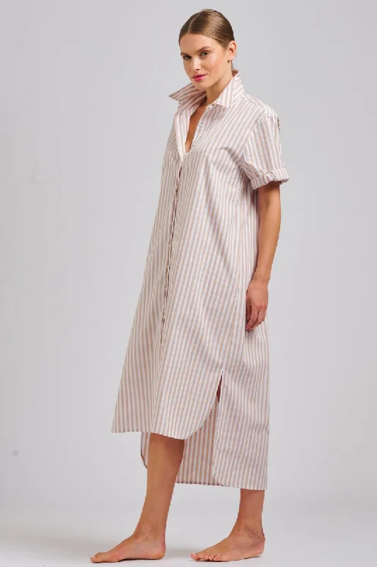 The Annie Relaxed Longline  Shirtdress - Stone White Stripe