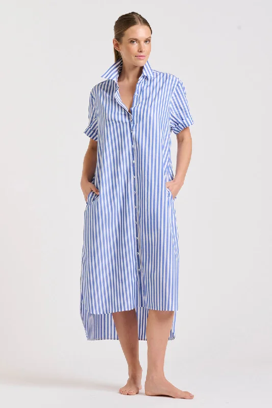 The Annie Longline Shirtdress - Mid Blue Stripe