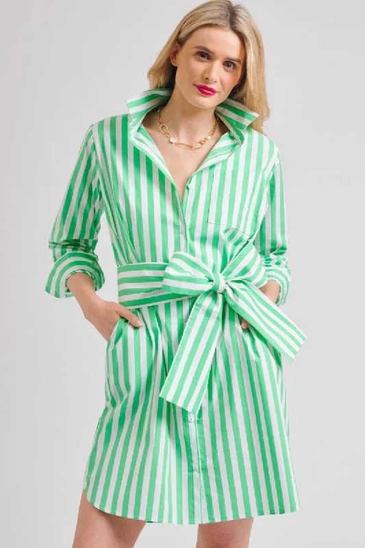 The Classic Cotton Shirtdress - Green/White Stripe