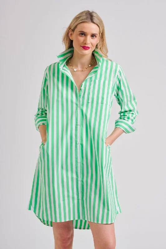 The Classic Cotton Shirtdress - Green/White Stripe