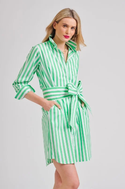 The Classic Cotton Shirtdress - Green/White Stripe