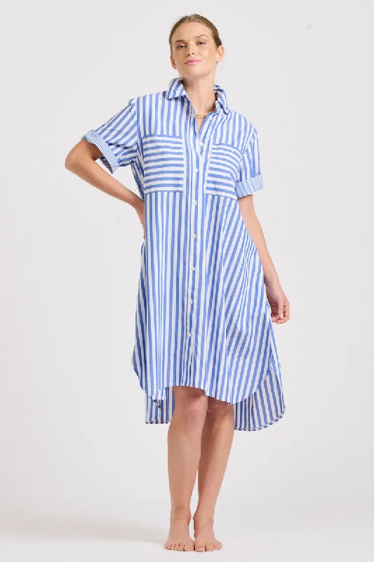 The Evie Short Sleeve Shirtdress - Mid Blue Stripe Combo