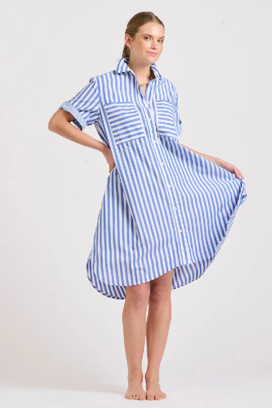 The Evie Short Sleeve Shirtdress - Mid Blue Stripe Combo