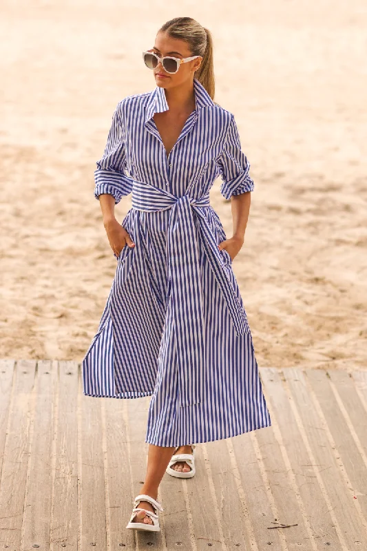 The Luna Oversized Long Shirtdress - Blue/White Stripe