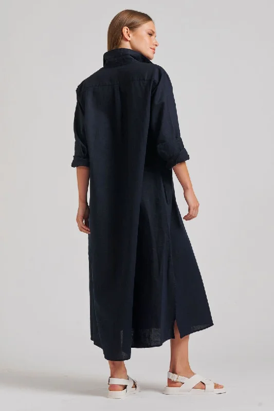 The Luna Oversized Linen Long Shirtdress - French Navy