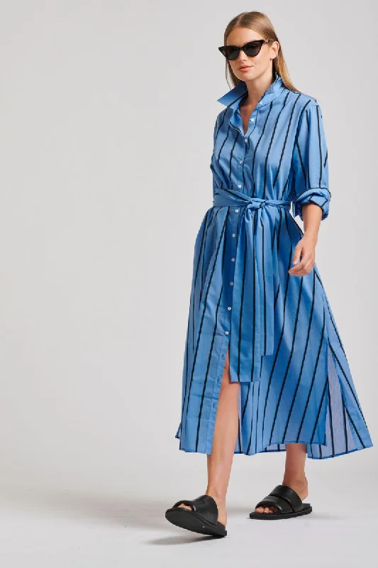 The Luna Oversized Long Shirtdress - Mid Blue/ Black Stripe