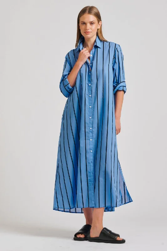 The Luna Oversized Long Shirtdress - Mid Blue/ Black Stripe