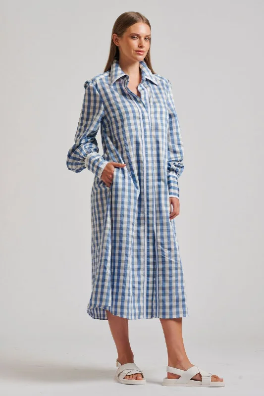 The Octavia Longline Shirtdress - Pale Blue Gingham