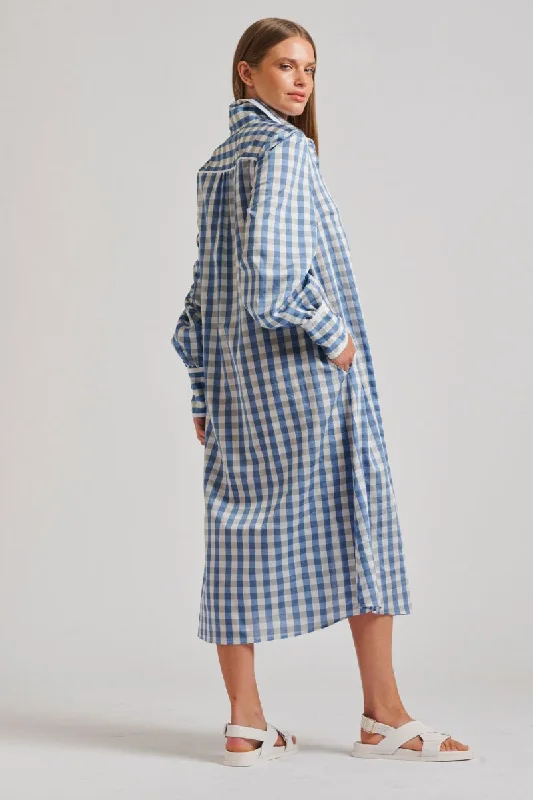 The Octavia Longline Shirtdress - Pale Blue Gingham