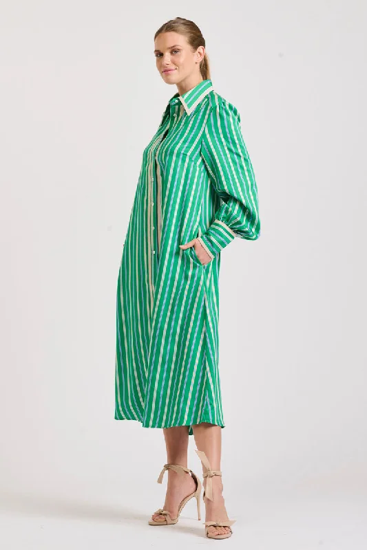 The Octavia Longline Shirtdress - Green Multi Stripe