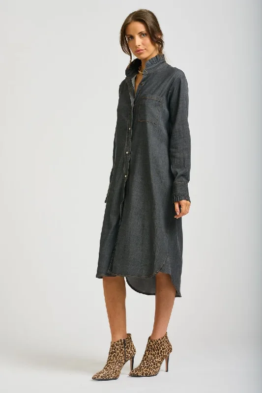 The Olivia Frill Collar Shirtdress - Charcoal Denim