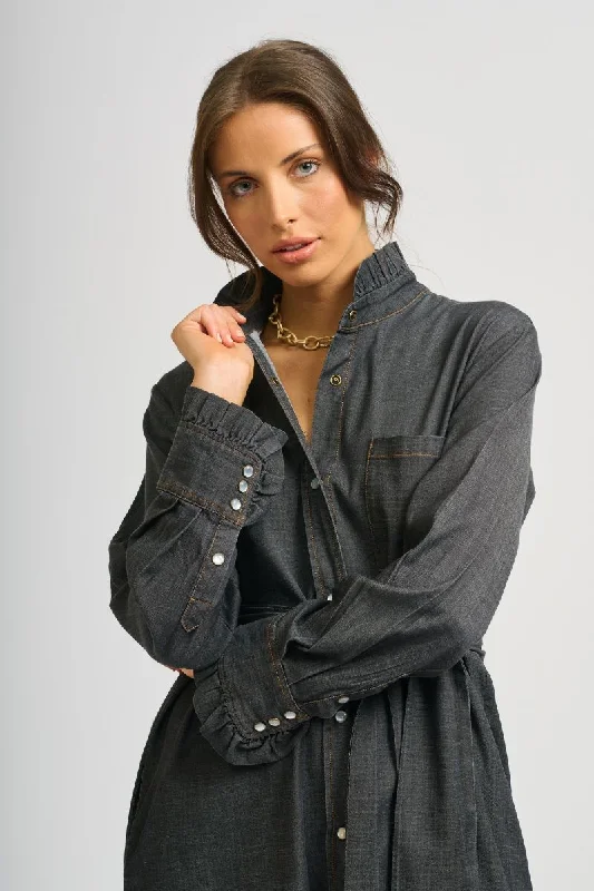 The Olivia Frill Collar Shirtdress - Charcoal Denim