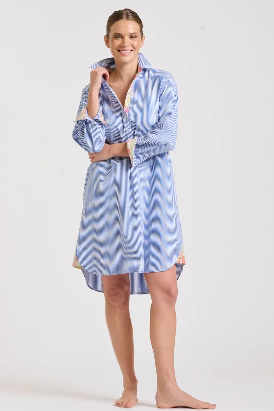 The Popover Shirtdress - Mid Blue Stripe/Floral Trim