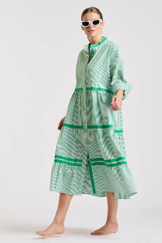 The Sandy Tiered Dress - Green Stripe